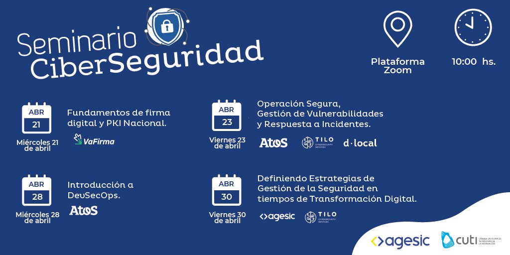 ¡HOY! 📣 Último taller del Seminario de Ciberseguridad. 

"Definiendo Estrategias de Gestión de la Seguridad en tiempos de Transformación Digital" con Fabiana Santellán de <a href="/agesic/">Agesic</a> y Ana Lucero de <a href="/tilosecurity/">TILO</a>. 

🕒10hrs
Registro ➡ bit.ly/SeminarioCiber…