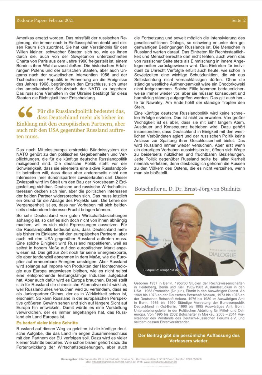 Published originally in German (below) in the Redoute Papers series, Ambassador von Studnitz’s article is presented in English, in this short. Each page accompanied by a one-tweet summary/ commentary by me. It carries sharp messages for German & other western policy-makers. /2.
