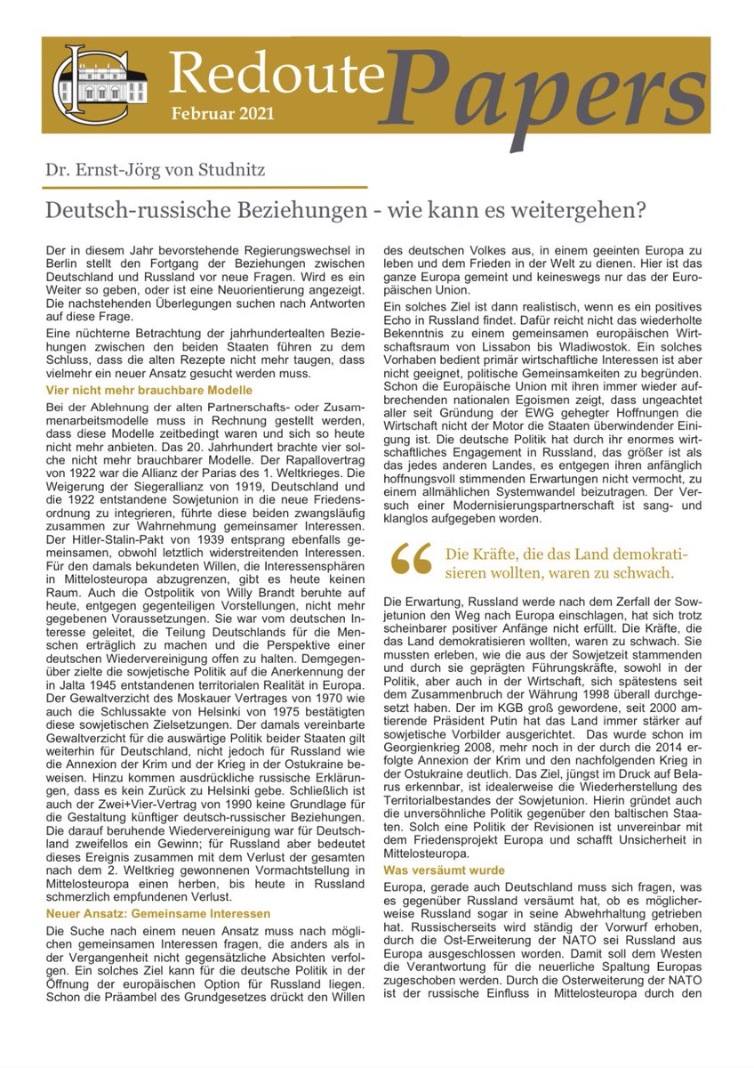 Published originally in German (below) in the Redoute Papers series, Ambassador von Studnitz’s article is presented in English, in this short. Each page accompanied by a one-tweet summary/ commentary by me. It carries sharp messages for German & other western policy-makers. /2.