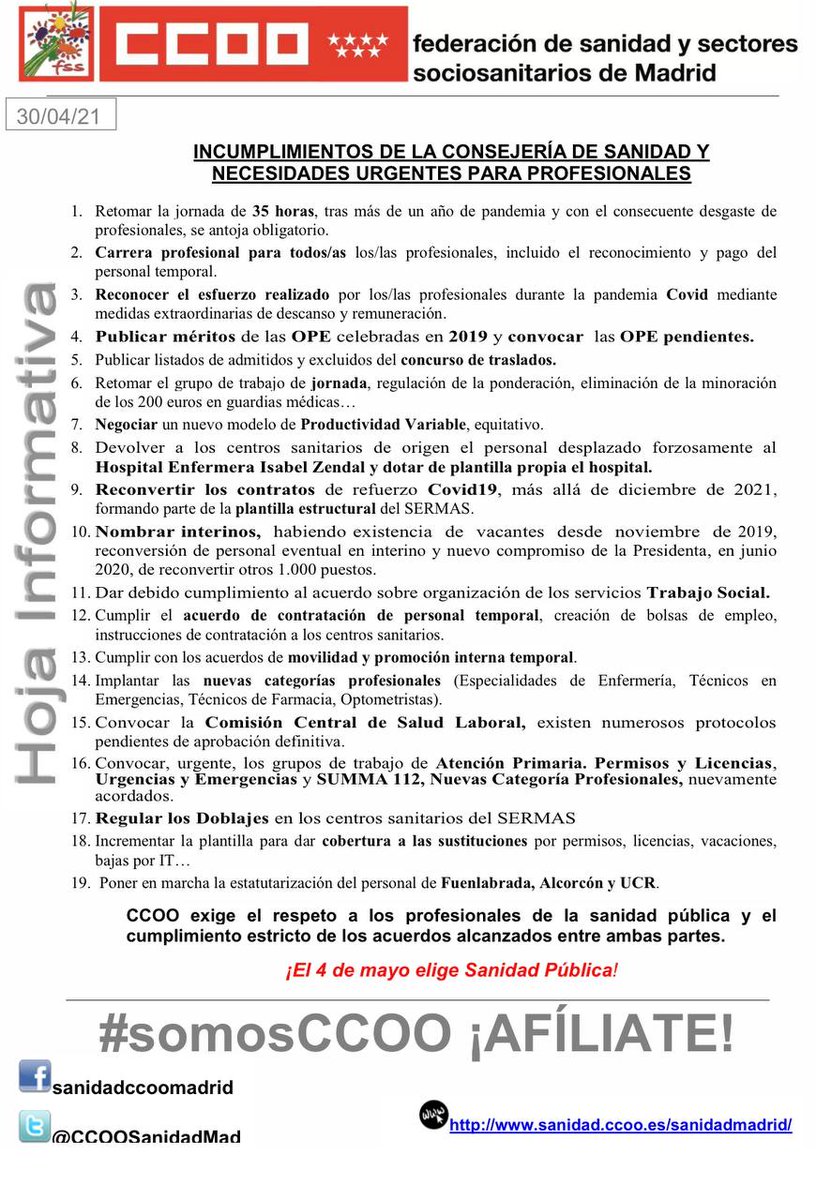 CCOOSanidadMad's tweet photo. 📢 #CCOO reitera los incumplimientos de la Consejería de Sanidad de la Comunidad de Madrid y las necesidades urgentes para los profesionales del SERMAS #CCOOSeMueve #SanidadPública vía @fssccoo @CCOOMadrid https://t.co/enQ55erkcj