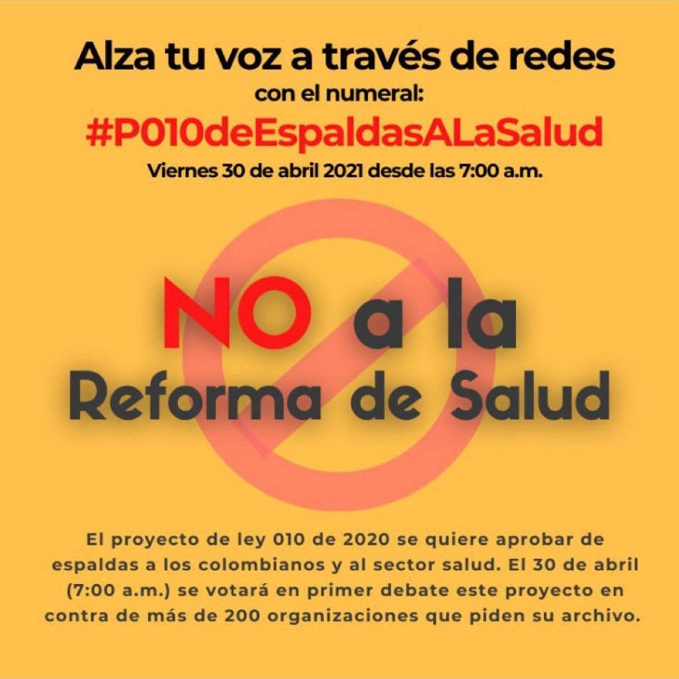 DanielVegaCa's tweet image. ¡Otra lucha más! No más paseos de la muerte. La #p010 si se llegase a aprobar vulneraría el derecho fundamental a la salud y a la vida de todos los colombianos, consagrado en la Constitución Política de 1991.

#P010deEspaldasALaSalud