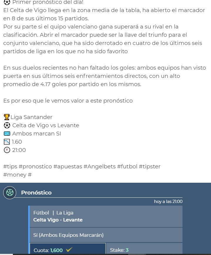 AngelSBets's tweet image. ⚽ PRIMER PRONÓSTICO DE HOY ! 
SI VEMOS QUE ES COMPARTIDO, COMPARTIMOS EL SEGUNDO 🔥
INFO Y EXPLICACIÓN 👇👇

📊Ambos marcan SI 
#CeltaLevante #tips #pronostico #apuestas #Angelbets #futbol #tipster 
#money