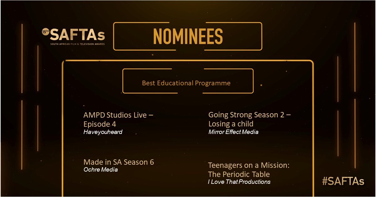 MirrorEffectMe2's tweet photo. We are honoured to have received 4 nominations for this year's SAFTA's. Congratulations to all those involved and here's to many more 🥂

#mirroreffectmedia https://t.co/ZOnXPqiHzZ