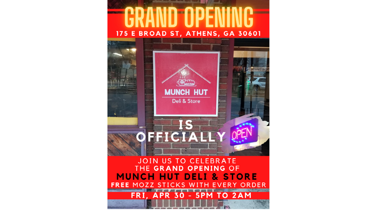 MunchHut's tweet photo. 🥳Hey Night Owls! 🦉Come celebrate our GRAND OPENING with free mozz sticks with any order! 

Munch Hut Deli + Store Grand opening FRI 4/30 5p-2a  175 BROAD ST 

#Athens #AthensGA #FatMunch https://t.co/oR1TfqVF65