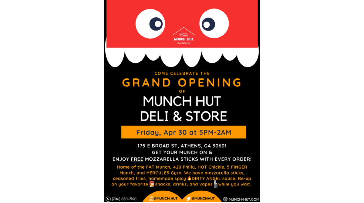 MunchHut's tweet photo. 🥳Come celebrate our GRAND OPENING with free mozz sticks with any order! 

Munch Hut Deli + Store Grand opening FRI 4/30 5p-2a  175 BROAD ST 

#Athens #AthensGA #FatMunch https://t.co/UmHv2f7NiD