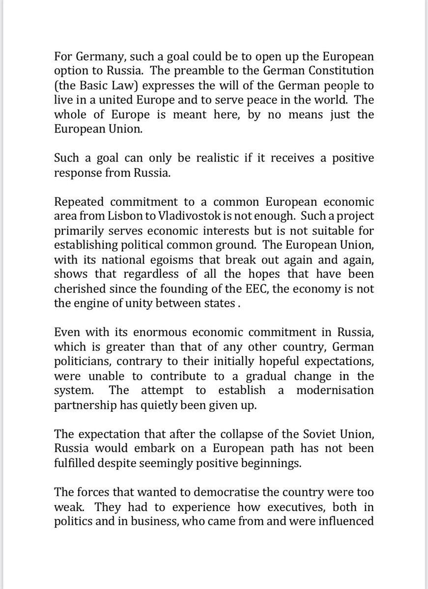 Germany is constitutionally committed to a united & peaceful Europe. That goes beyond the EU. And beyond economic interests. Important though both are. Massive German economic engagement has failed in the policy objective of helping usher in a modern, European Russia. /5.