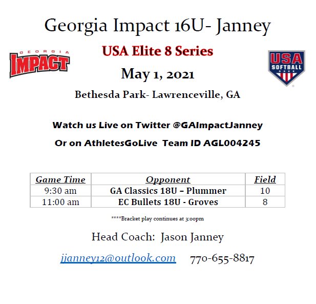 GAImpactJanney's tweet photo. It is going to be a beautiful weekend for some softball. Here is the Impact-Janney schedule heading into Saturday for the USA Elite 8 Series. Watch us on Twitter and/or AGL. https://t.co/0nQwU29MnI