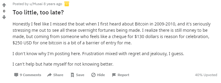 DocumentingBTC's tweet image. Someone thinking they&apos;re &quot;too little, too late&quot; to buy #Bitcoin when it was $250. Everyone feels like they&apos;re &quot;too late&quot;.