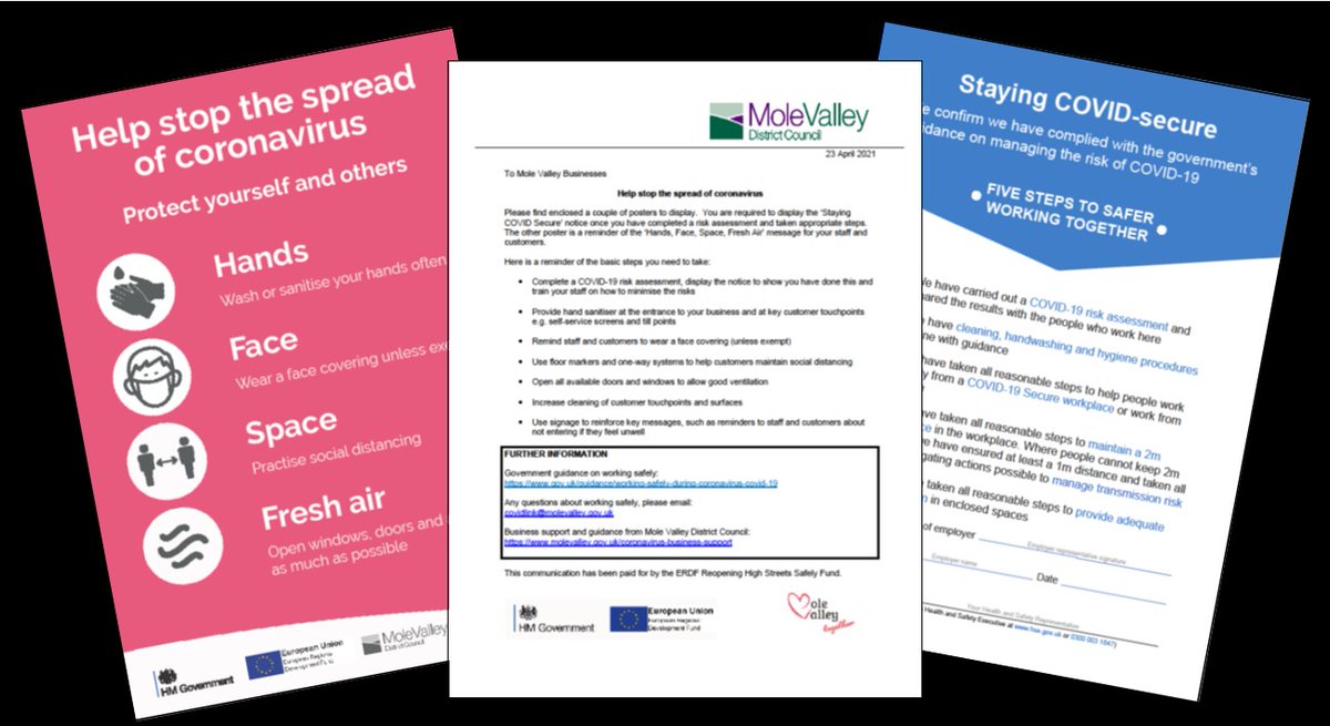 Delivered to Mole Valley high street businesses this week -  the new look 'Staying COVID-secure' declaration notice and poster.

Help stop the spread of coronavirus
#MoleValleyTogether #WorkingSafely

These items are downloadable from the website: molevalley.gov.uk/coronavirus-bu…
