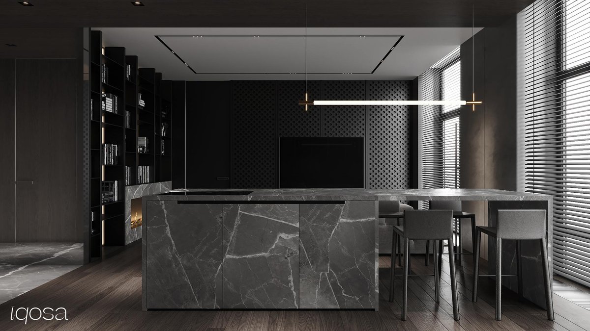 iqosa's tweet photo. A stylish and modern interior for a young programmer by IQOSA.
⠀
The main materials: natural wood, stone, tinted glass. The dark glass  reflect the view of the city from the panoramic windows and the light of the chandelier, making the room more voluminous. 

#iqosa #iqosadesign https://t.co/OPGD6WTY45
