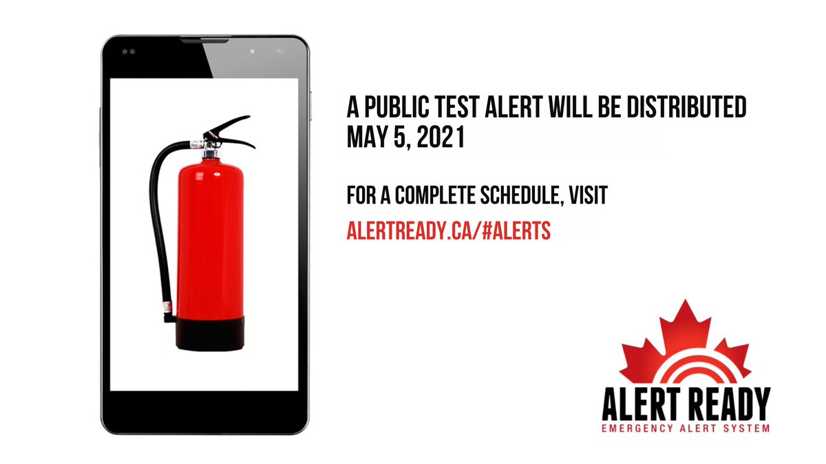 On May 5th, during #EmergencyPreparednessWeek, we’re distributing a public test message across most provinces and territories. 

Find out if you are to receive an alert in your region and at what time 👉 alertready.ca/#alerts #AlertReadyTest #EPWeek2021