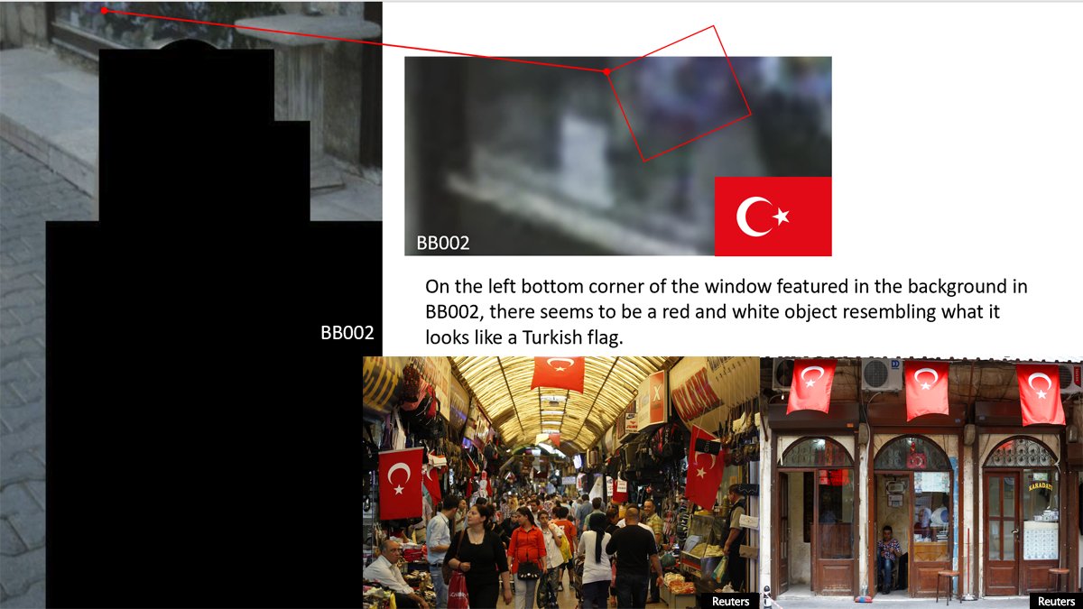 We enhanced the FBI’s image labelled BB002 to reveal a small red object seen through the window in the background. It was an element that seemed to contain a key piece of information: a Turkish flag.