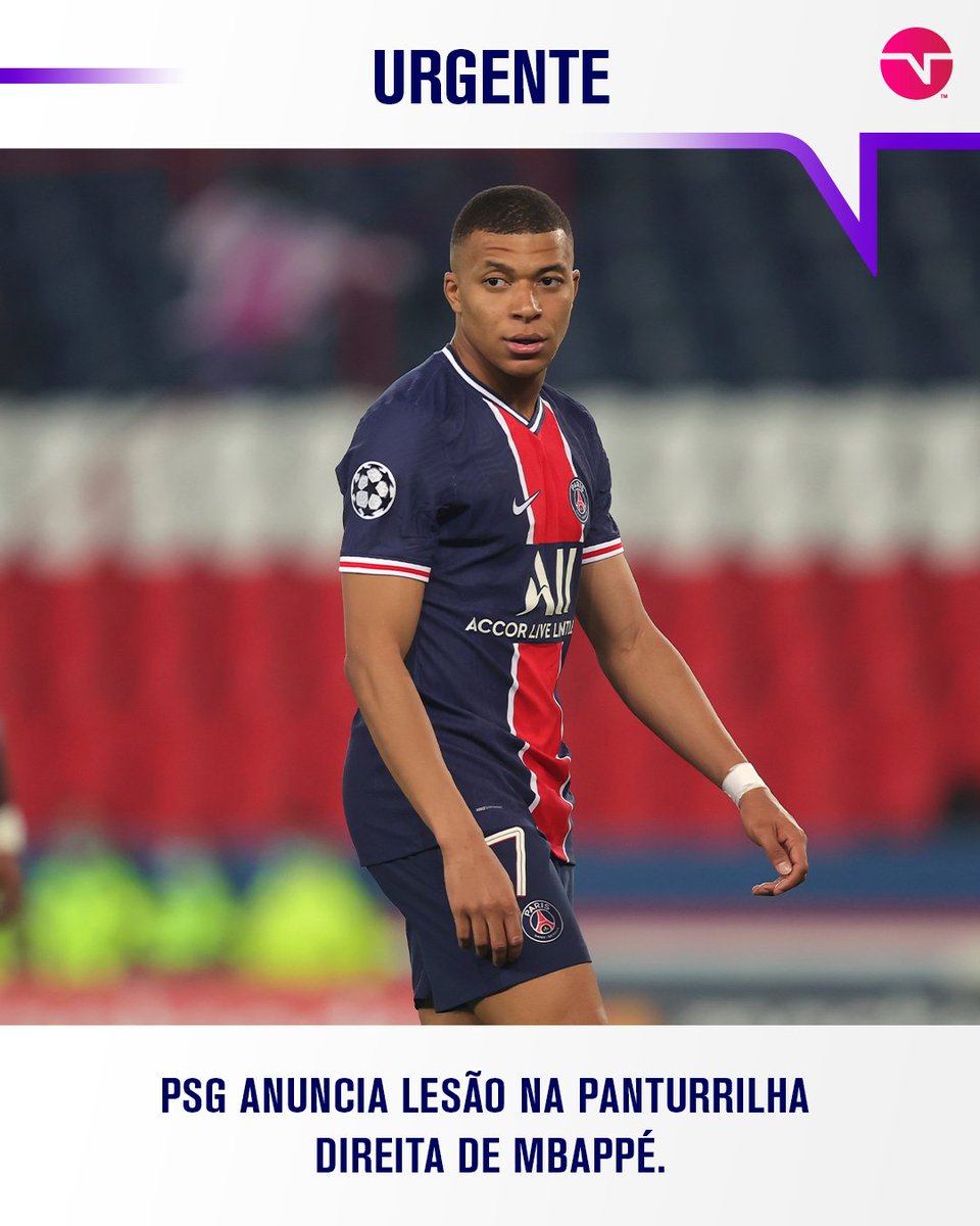 TNTSportsBR's tweet photo. TRISTE NOTÍCIA! O jogador teve uma contratura na panturrilha direita e, com isso, é dúvida para partida de volta pela UEFA Champions League, contra o Manchester City. Desejamos melhoras! #PSG #Mbappe https://t.co/sQEDpU8HDv