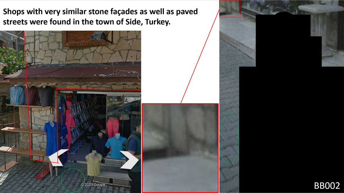 After checking the top tourist destinations in Turkey, a virtual stop in the town of “Side” revealed matching façade and street elements featured in FBI’s image BB002: