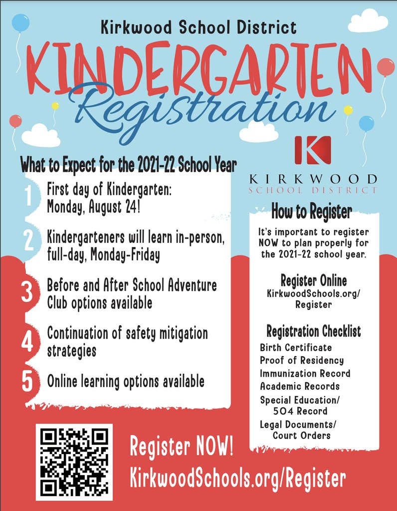 Help spread the word on registering now for kindergarten in the fall. Schools are working on class lists &amp; room assignments for next school year so our schools can properly prepare for our newest learners. Register as soon as possible: kirkwoodschools.org/register.

Please retwee