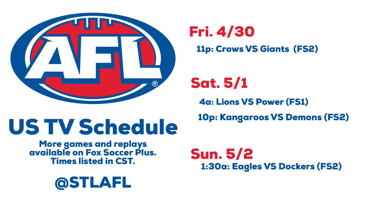 #AFLCrowsGiants is at a reasonable time tonight! 

11p CST 📺 FS2 
#AFL