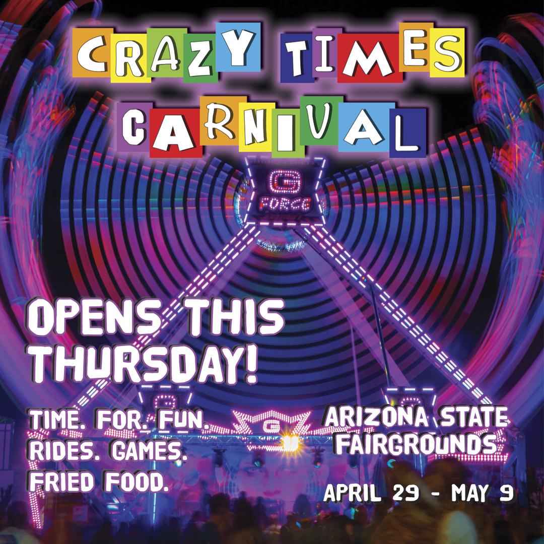 PhxNTStreet's tweet photo. The Arizona summer fun has begun! Come out to the Crazy Times Carnival April 29th-May 9th for family fun, local vendors, and thrilling rides! Visit https://t.co/lwovxJYnRE for more info and ticket prices 🎟🎡 https://t.co/6Xbpj1njCh