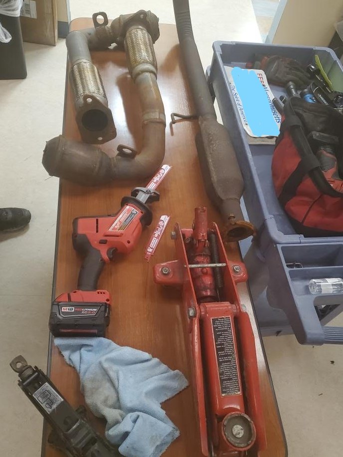 Police Departments all over New England have been experiencing thefts of catalytic converters. Last night Officers observed an occupied vehicle in the Honda Lot. Investigation reveled that there were several catalytic converters in the back seat.  
Great work midnight shift!