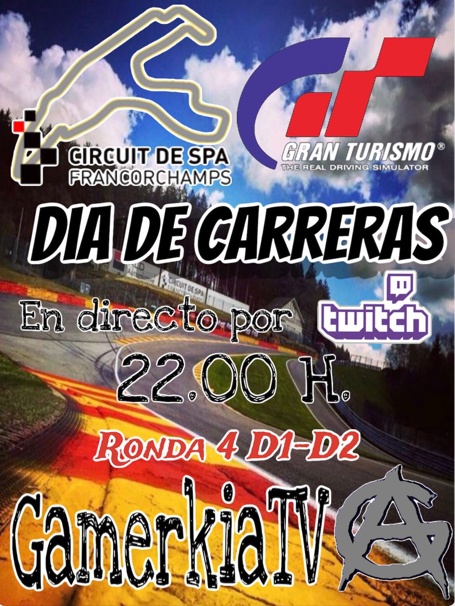 GMK_Gamerkia's tweet photo. Vamos con la jornada 4 de la Gamerkia League, esta noche nos vamos a Bélgica!!!

#GTSport #Gamerkia #spa 

⏱ 22h
🏎 Coches Gr1
🌍 Spa Francorchamps
📺 https://t.co/nQ74VB2PwN
🎮 Discord https://t.co/AAenYyuh52 https://t.co/TUc8jMeg31