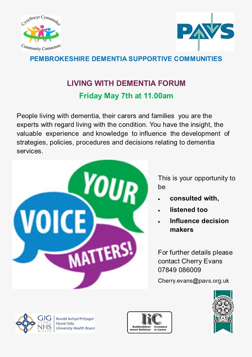 Pembrokeshire Living with #Dementia Forum will be discussing DIRECT PAYMENTS on FRIDAY MAY 7th at 11. Guest speaker Gemma Griffiths PCC. For joining details please email Cherry.evans@pavs.org.uk @PAVS_HealthWB @Pembrokeshire @HywelDdaHB @PCISS11 @CCPembs @AlzSocCymru @LleisiauW