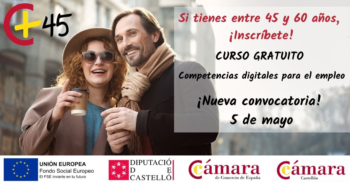 EmpleoCastellon's tweet photo. 📢 ¡NUEVA CONVOCATORIA! 📅 5 de mayo de 2021
💁Curso gratuito de Competencias Digitales para el empleo para #desempleados entre 45 y 60 años! ##Programa45 + en colaboración con @dipcas 
+Info: https://t.co/fp7egZ02MC

#Programa45+
#formaciongratuita
#formateconlacamara https://t.co/iqtxMAWKcW
