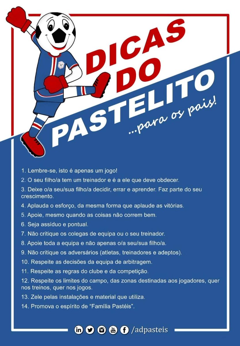 AdPasteis's tweet photo. Agora que reeniciaram os treinos e em breve os jogos amigáveis, relembramos as Dicas do Pastelito para os pais. 😊⚽

#ADPasteis #FairPlay #ética #Formação #Futebol #EscolaDeFutebol #Petizes #Traquinas #Benjamins #Infantis #Pastelito #Marvila #AFL #FPF https://t.co/tQZgR0s9vR