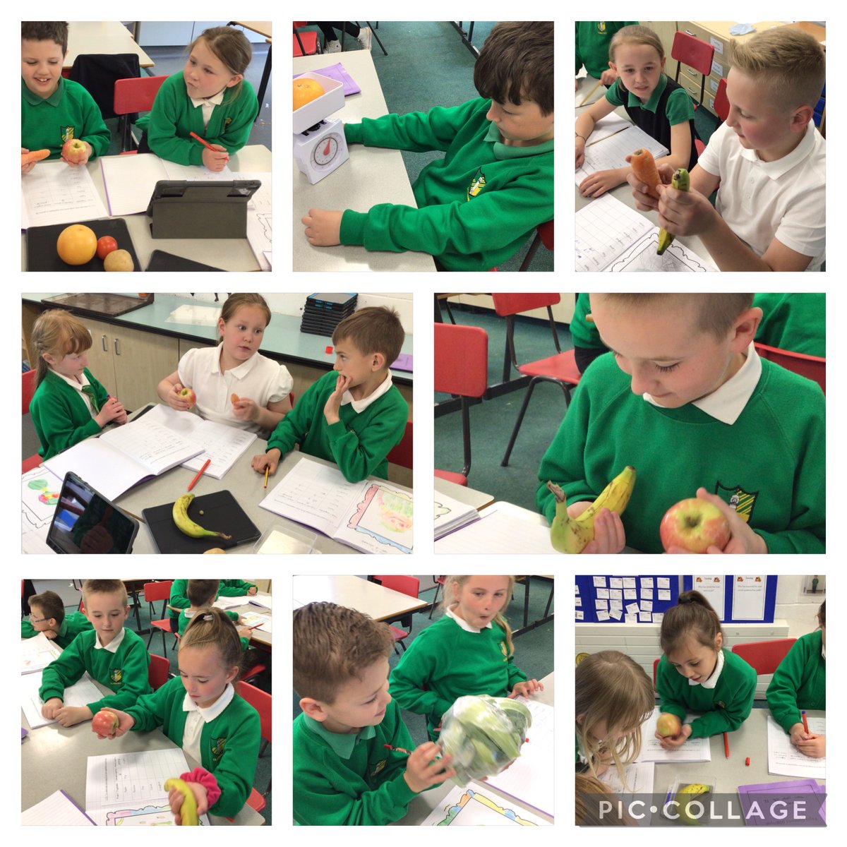 glanhowyprimary's tweet photo. Estimating and weighing the weight of fruit and vegetables in grams. We also found the difference between our estimates and the actual weights. #Eas_Numeracy #BlaenauGwetnCBC #GlanFam34 https://t.co/o8gNnq94z4