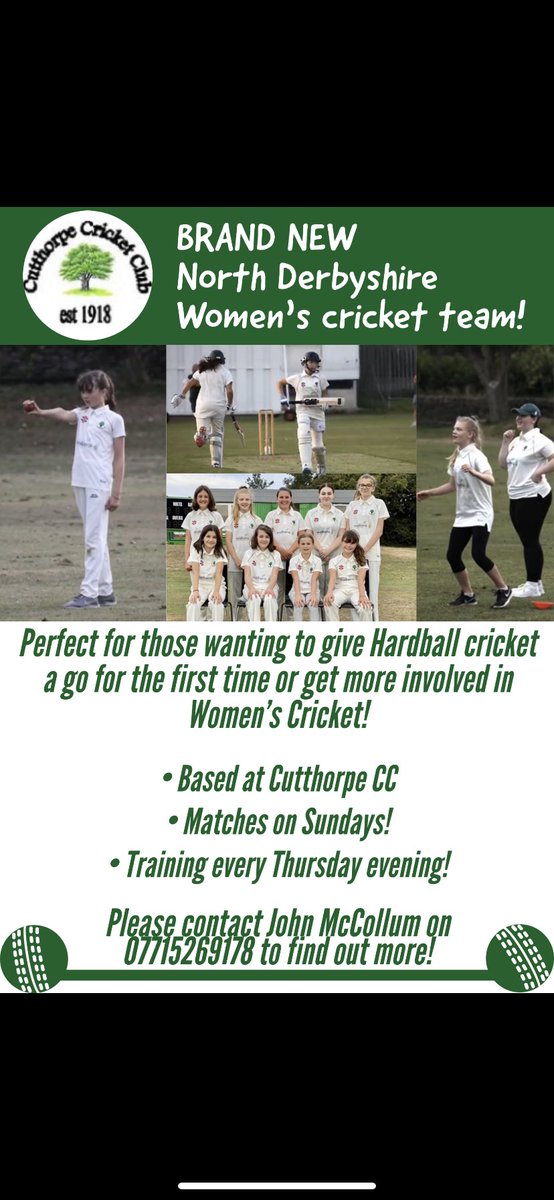 Cutthorpe_CC's tweet photo. This Sunday we see the first ever Women’s game at Cutthorpe Cricket Club! 2PM start vs Blyth🏏 This is a huge step for the club, please come down and show your support #CCC #WomenInSport https://t.co/D0sFuF3xzY
