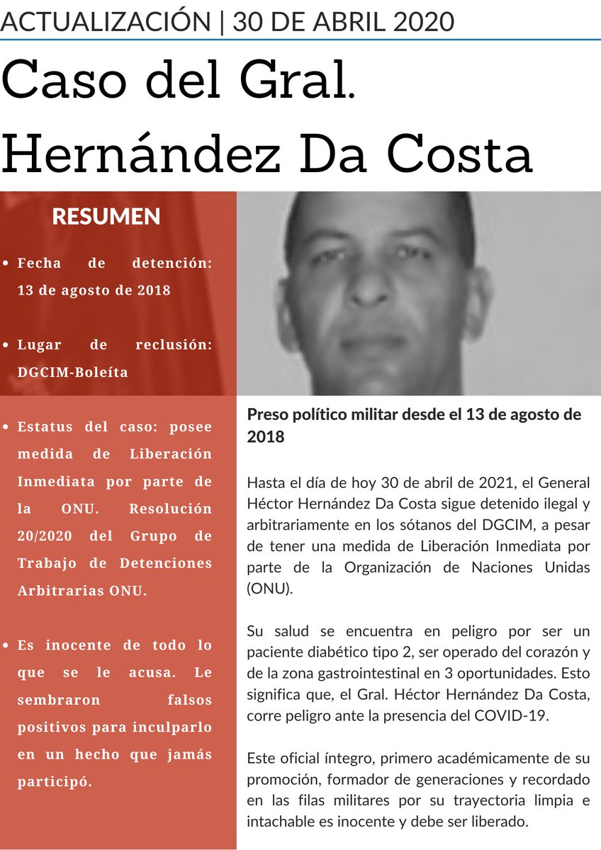 loresblog's tweet photo. Es urgente que se atiendan a los presos políticos de #Venezuela, entre ellos a mi padre, el Gral. Hernández Da Costa. Ante el COVID-19 urge la celeridad en la medida de liberación inmediata otorgada por la ONU, antes de que sea demasiado tarde #30Abril https://t.co/J4VHS5nDkP