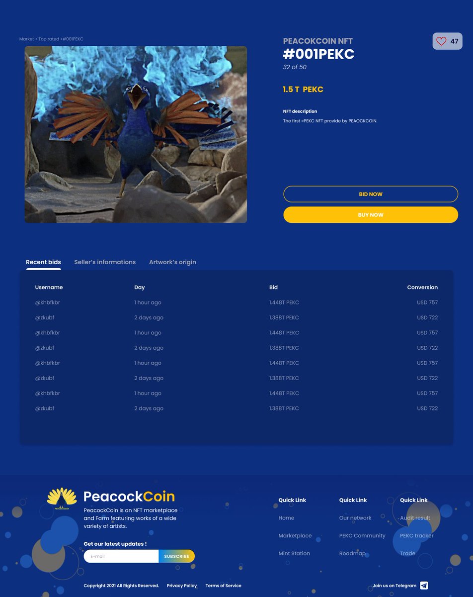 We have some exciting updates to share with you regarding the Marketplace development! 🚀🚀🚀
Take a look below at these amazing previews 🔥😉
To the Mooon!🌜 #PEKC

<a href="/CoinMarketCap/">CoinMarketCap</a> &amp; <a href="/coingecko/">CoinGecko</a> 
#PEACOCKCOIN #NFT #Crypto #BSC 
⬇️⬇️⬇️⬇️