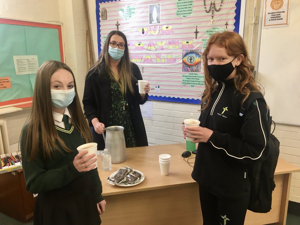 christofidelis's tweet photo. Robyn and Emily in Year 8 were treated to hot chocolate and brownies this morning to celebrate some fantastic achievements - Robyn has won a writers award for a poem she wrote during lock down, and Emily raised over £500 running Race for Life. Well done girls! https://t.co/EEmUM3PyLH