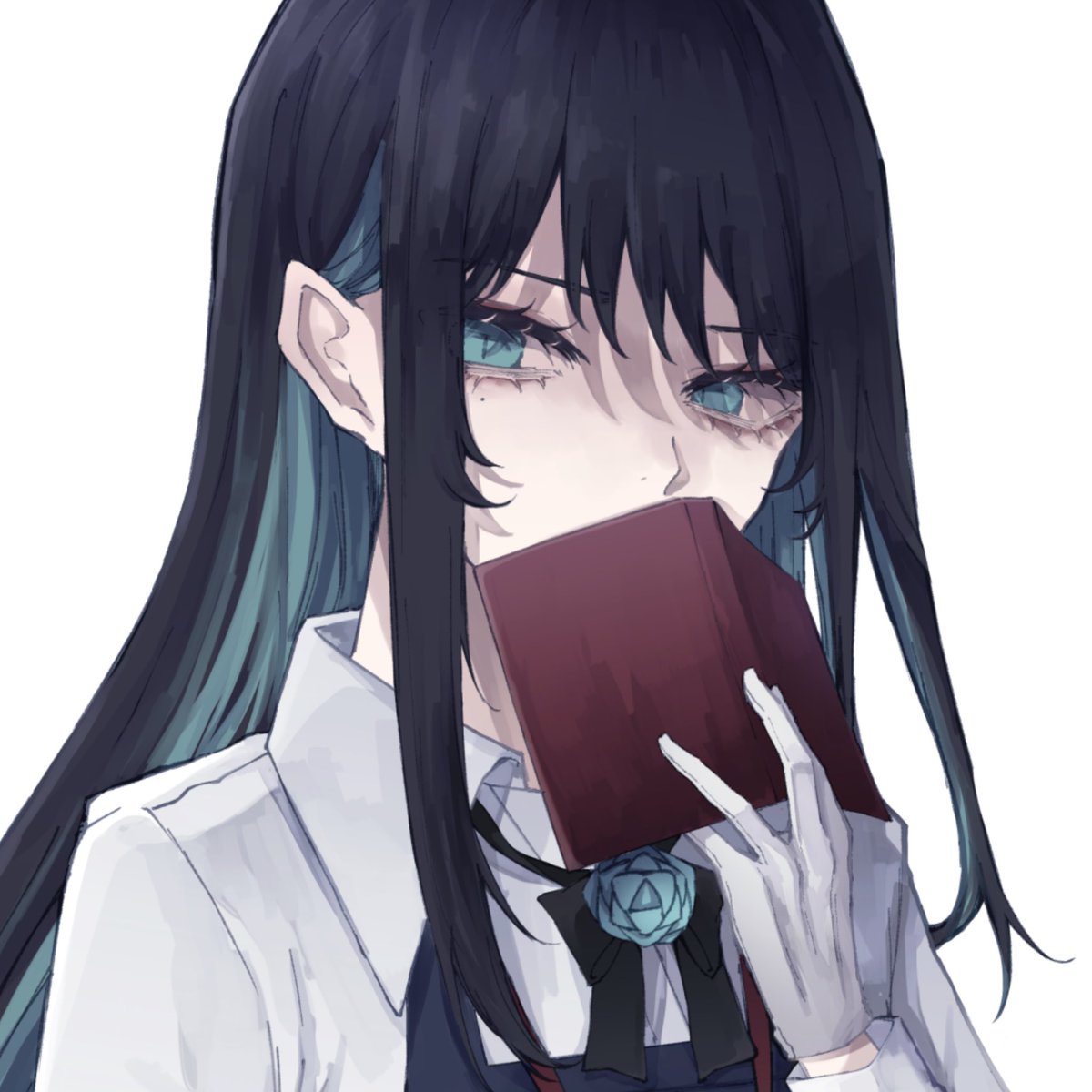 1girl solo black hair gloves holding book white background  illustration images