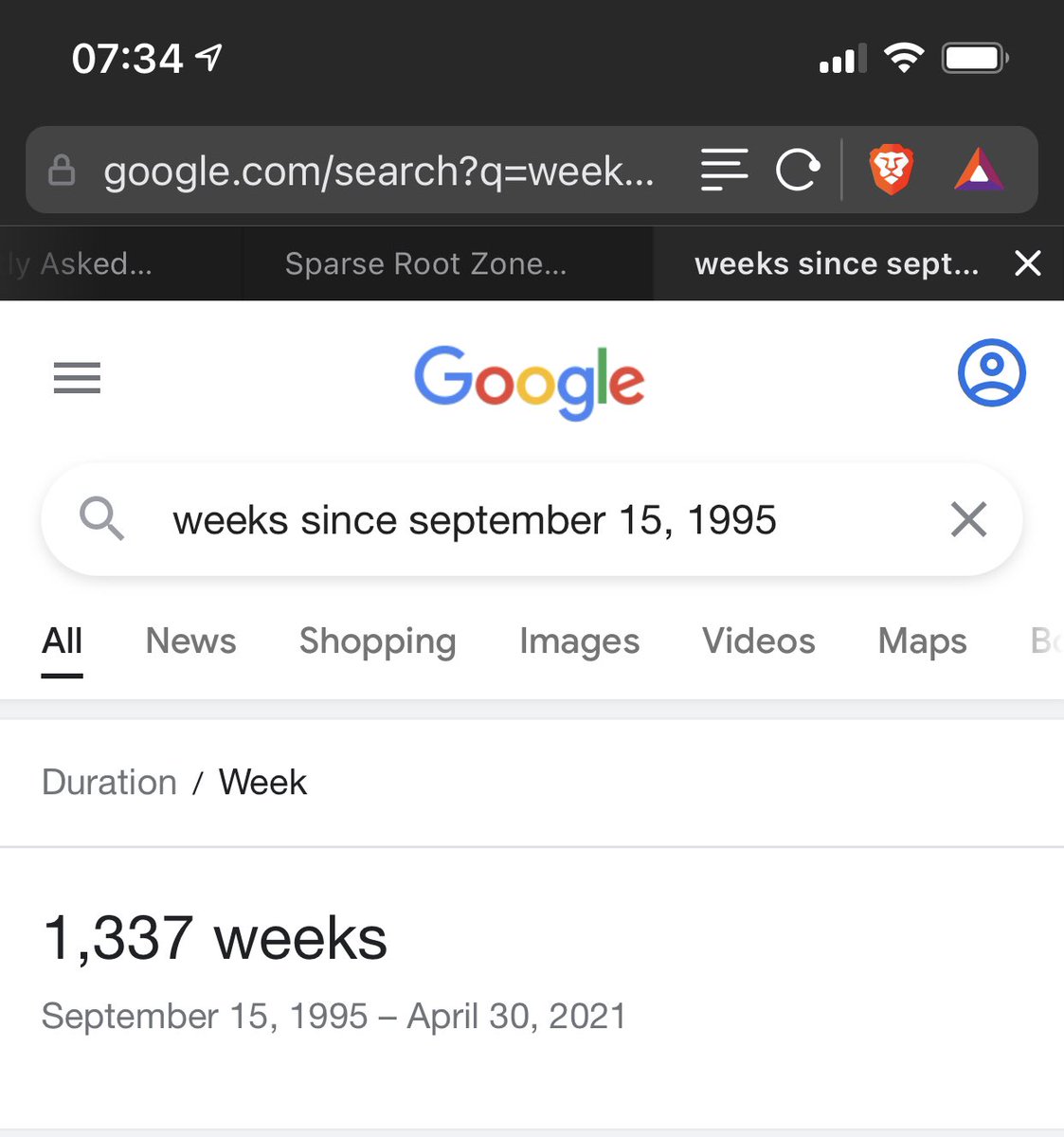 A Google search showing the amount of weeks since September 15th, 1995 is 1337.