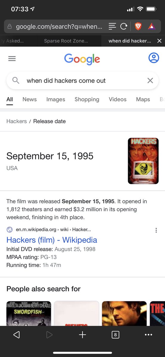 A Google search showing the movie hackers has been out since September 15th, 1995