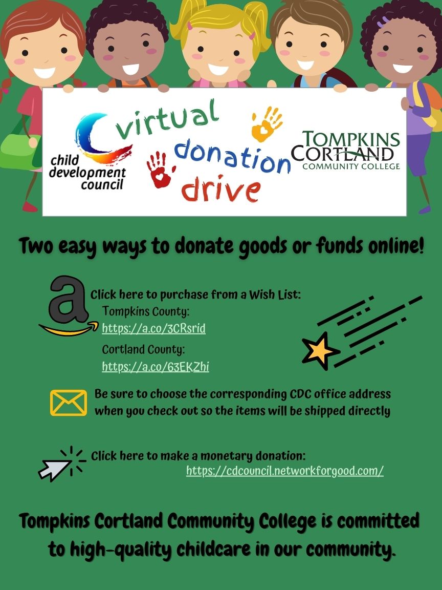 LeadCortland's tweet photo. Join @TC3_official &amp; @DrO_TC3 in supporting the @ChildDevCouncil through a virtual donation drive! Links to wishlists for both Tompkins and Cortland found here: https://t.co/CjLCOkJqsK #childcare #virtualdrive #supportlocalkids https://t.co/2L8aofjKjY