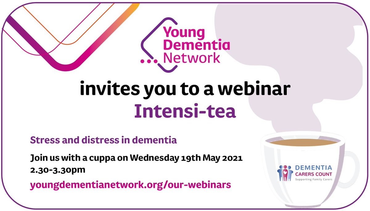 Join us with a cuppa on Wednesday 19th May 2021, 2.30-3.30pm for our next young onset #dementia webinar - Intensi-tea - which focuses on stress and distress in dementia. Facilitated by @DemCarersCount. Places are limited, sign up soon! . Sign up here youngdementianetwork.org/news-and-event…
