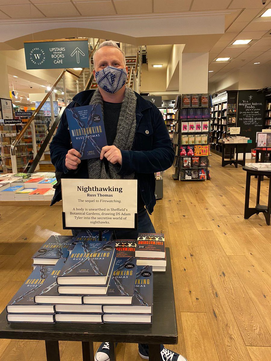 Delighted to see @thevoiceofruss in store! First signing of the year! His new thriller #Nighthawking is set in Sheffield, an awesome read and a worthy successor to previous book of the month #firewatching @simonschusterUK