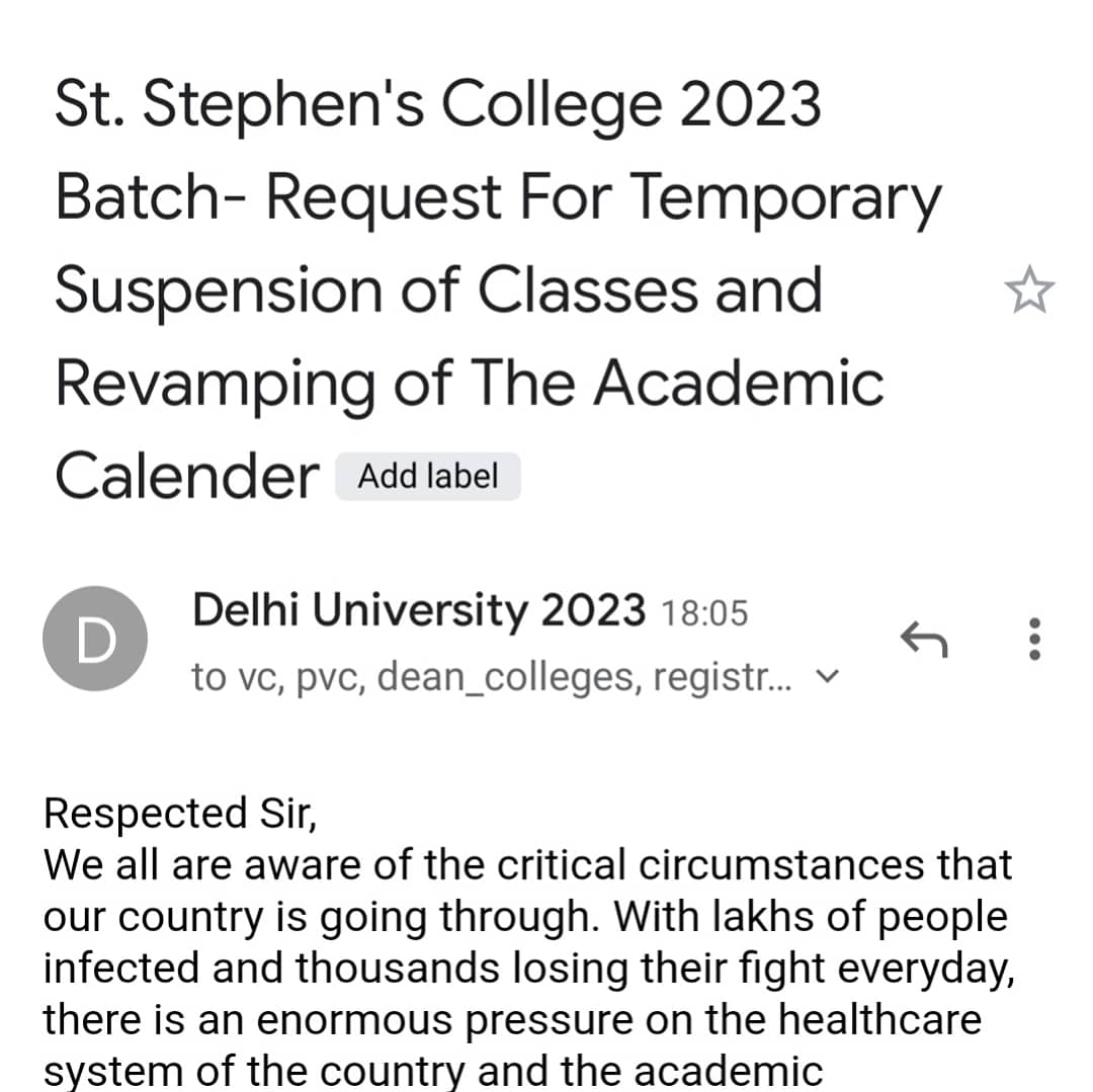 du2023's tweet photo. College:St. Stephen's College
Type:Letter to DU Admin.
Date:30th April 2021
#DU23Movement #dususpendclasses #covid19 
@msisodia @DrRPNishank @fayedsouza @ravishndtv @sudhirchaudhary @PMOIndia @thewire_in @TheQuint @thenewsminute @IndianExpress @timesofindia @HindustanTimes https://t.co/HQKOu5jLCI
