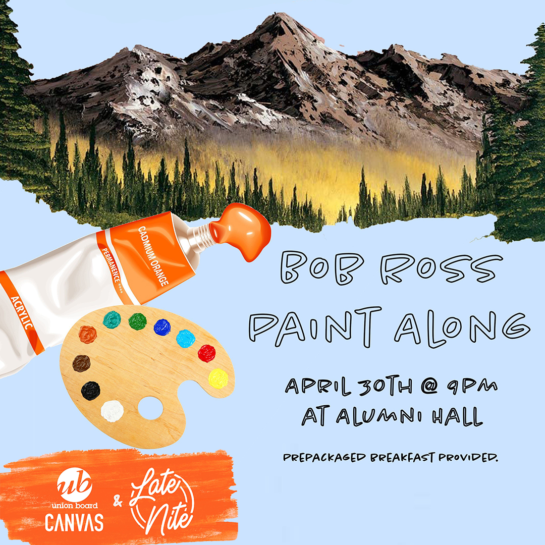 TONIGHT'S THE NIGHT!  Back by popular demand, we're teaming up with <a href="/IULateNite/">IU Late Nite</a> to bring you a Bob Ross Breakfast and Paint Along! This event is FREE and all supplies and food are provided.

RSVP for one of three timeslots on beINvolved with the link below
beinvolved.indiana.edu/event/7090762