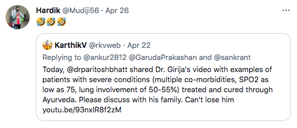Been getting occasional negative responses to my tweets about  #CovidHelp through Ayurveda. I have chosen not to respond, because I know from experience that Ayurveda works for Covid. 1/n @drparitoshbhatt  @DrPareexitS  @drmoghes  @DrShrinidhnair  @Gopalee67