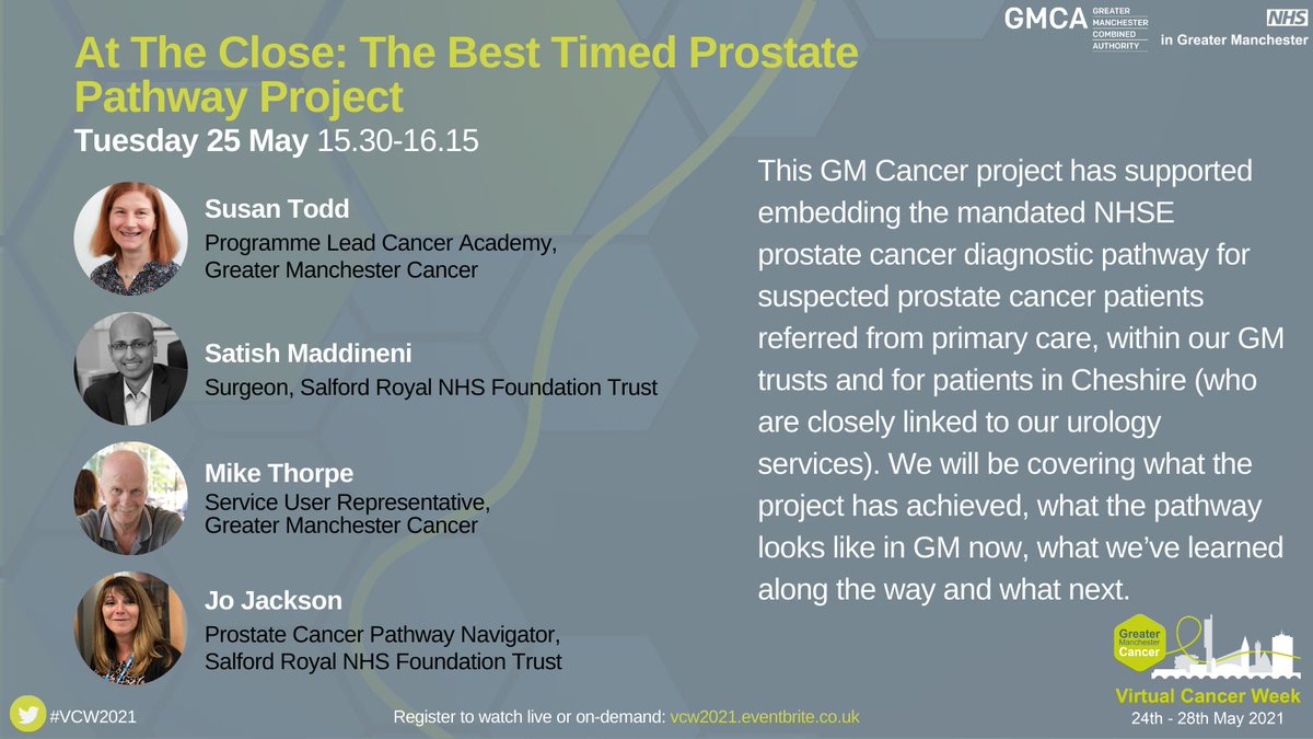 Undecided as to what sessions to attend at #VCW2021?
 
Join <a href="/SusanMTodd3/">Susan Todd 💙</a> <a href="/SatishMaddineni/">Satish Maddineni</a> <a href="/Mike_Thorpe_/">Mike Thorpe 🐝 @mike-thorpe.bsky.social</a> and @JoanneJ31712543 as they talk all things related to the Best Timed Prostate Pathway #BTiPP

Register to watch the full week live or on-demand: vcw2021.eventbrite.co.uk