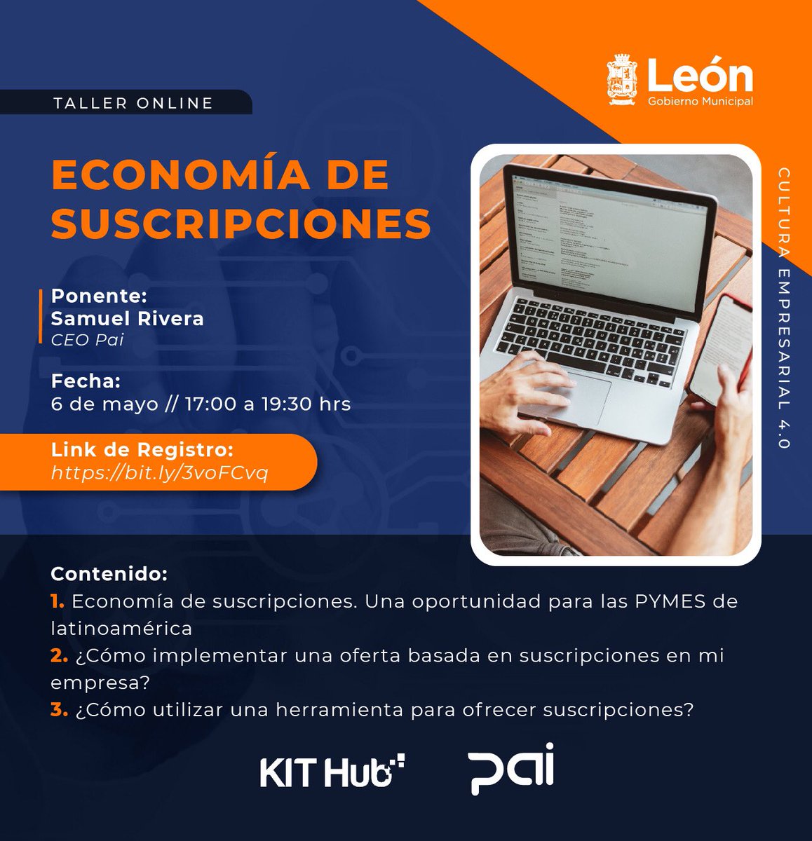 Innovacion_Leon's tweet image. El próximo 06 de mayo se llevará a cabo el taller “Economía de suscripciones” donde aprenderemos a detalle cómo funciona y cómo podemos comenzar un negocio a través de suscriptores.

Participa registrándote 👉bit.la/3voFCvq