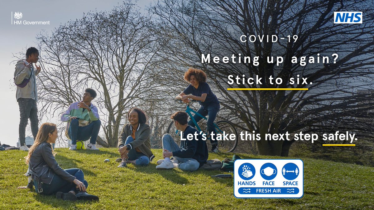 NHSDevon's tweet photo. If you're going out to meet people, stick to groups of up to six people or two households and keep a safe distance 

The more people you meet, the more likely you are to get infected

Let's take this next step safely 

#Hands #Face #Space #FreshAir https://t.co/B1mp0CTDoR