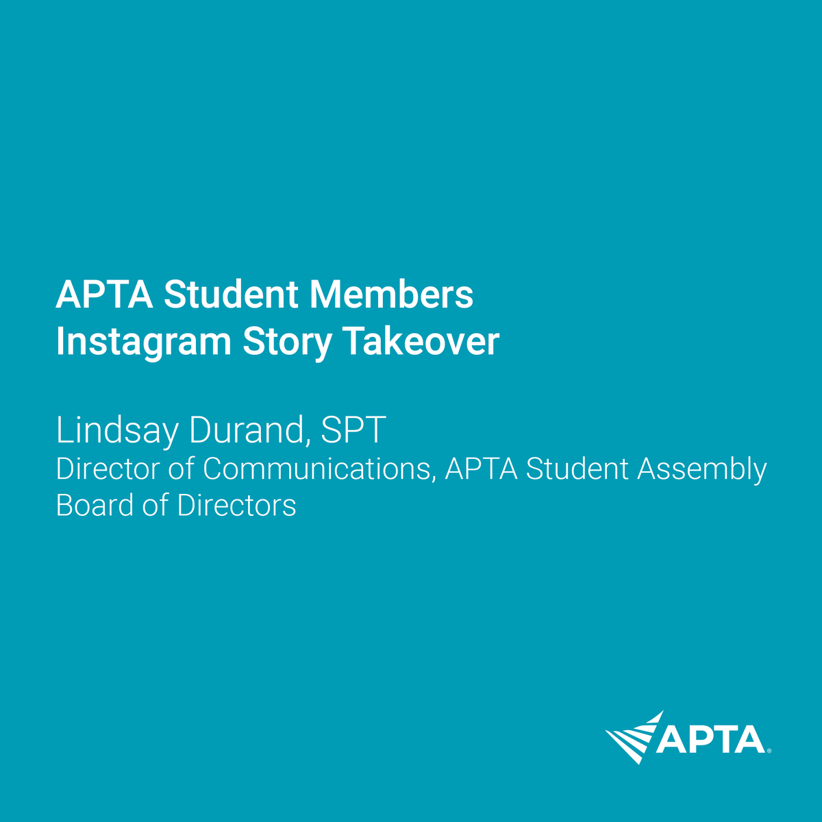 APTAStudents's tweet photo. Get to know your Student Assembly Board of Directors! Be sure to check out our Instagram stories today to hear more from your Director of Communications, Lindsay Durand, SPT.

#APTAStudents #SABoD https://t.co/hIIlaQQ2Mr