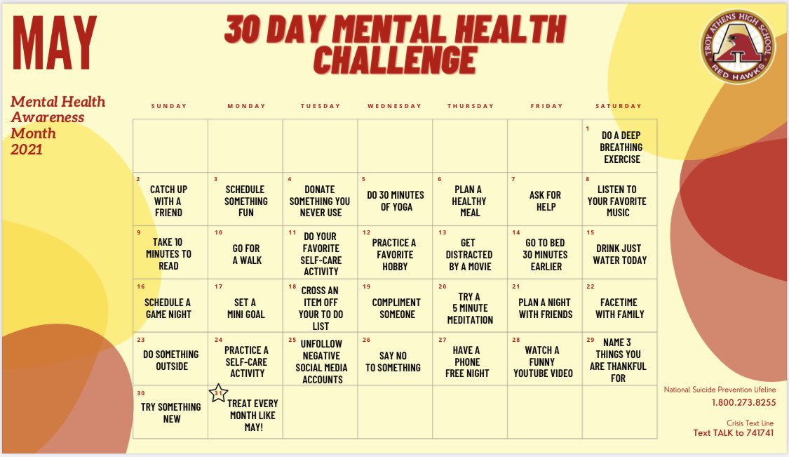 CHALLENGE ACCEPTED ✅ In honor of May being Mental Health Awareness Month, Troy High &amp; Athens are having a 30 Day Mental Health Challenge! Check out the calendar for the daily activities 😌✌️💚