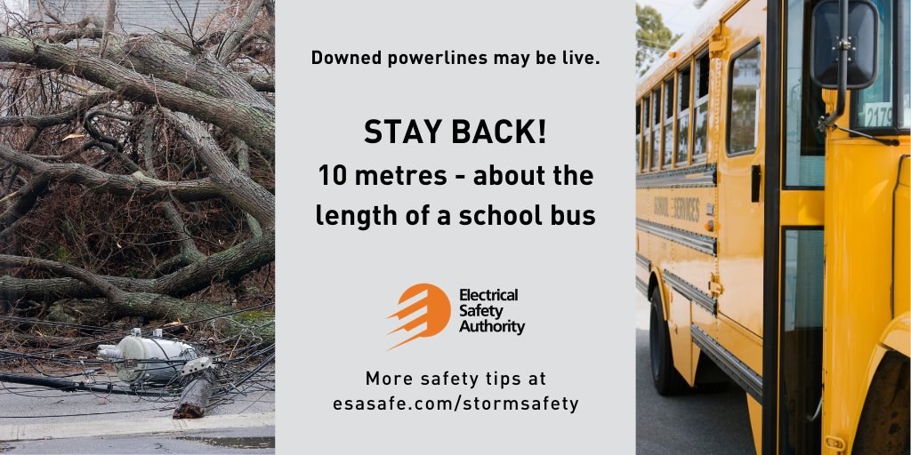 homeandsafety's tweet photo. ⚠️High winds have the potential to bring down powerlines. If you see downed wires, do not attempt to move them! Stay back 10 metres/33 feet, call 911 and the local utility. Get more safety tips here: https://t.co/e5dypAqHsT #ONStorm https://t.co/y2wjejFMyR