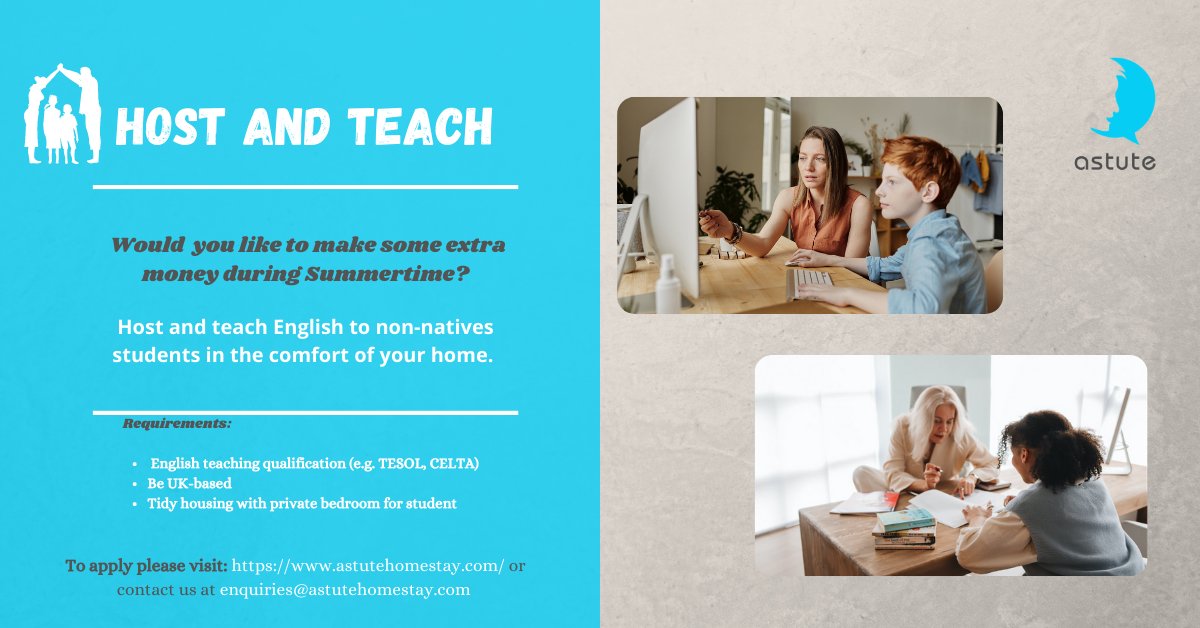 LtdAstute's tweet image. Astute Academy is looking for qualified teachers who are interested in providing immersion courses to our network of students. Our pay rates are very attractive! Contact us to find out more.

#immersioncourse #teachenglish #englishteachers #qualifiedenglishteachers #homestay