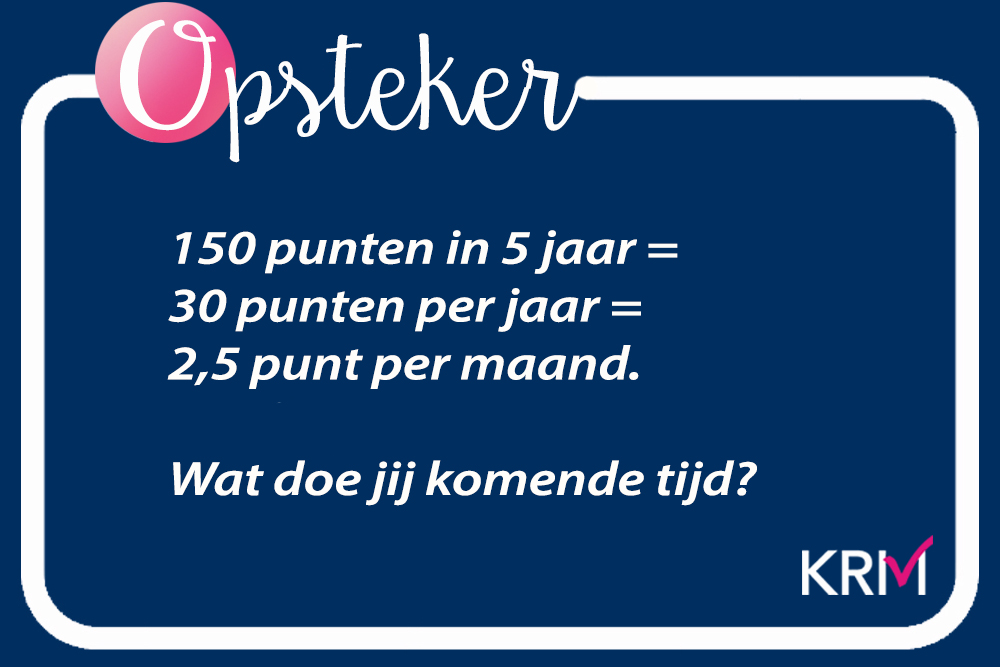 kiesKRM's tweet image. Hoe wil je 150 punten gaan behalen in 5 jaar tijd? Of wijk je misschien af van het gemiddelde van ongeveer 30 punten per jaar? Een goede planning maken helpt.
Kijk op kieskrm.nl/plan-je-krm/ voor tips om voorspoedig toe te werken naar  jouw herregistratie in het KRM.