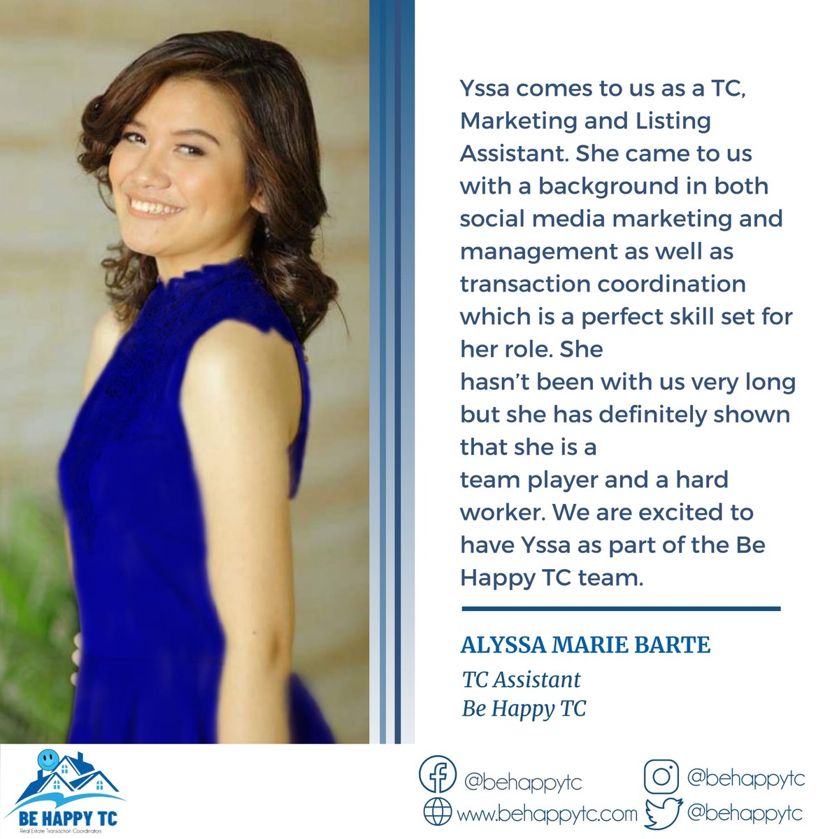 BeHappyTC1's tweet image. For our #TCSpotlight this week, we turn the lights to Alyssa Marie Barte, one of our Transaction Coordinator Assistant in Be Happy TC! 
⁠
#realestate #realestateagent #transactioncoordinator   #californiarealestate #sandiegorealestate #losangelesrealestate #virtualtc #workwithus