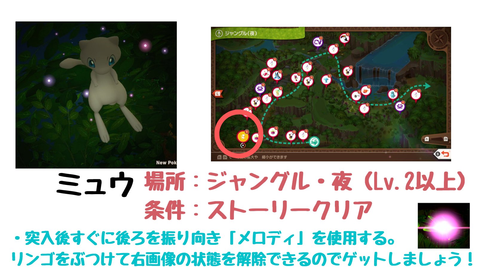 ポケモンアルセウス攻略 Game8公式 ミュウを発見しました 幻のポケモン ミュウ が ジャングル 夜 にて出現しました 出現タイミングが 突入後すぐとなるので下記画像を見ながらゲットしてみましょう ポケモンスナップ ポケスナ